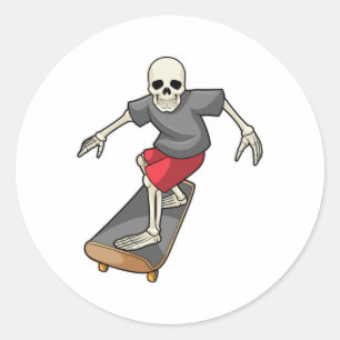 Pegatina Redonda Skeleton como Skater con Skateboard