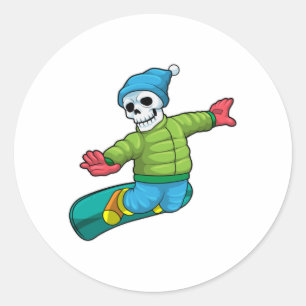 Pegatina Redonda Skeleton como Snowboard con snowboard