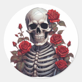 Pegatina Redonda Skeleton con rosas rojas