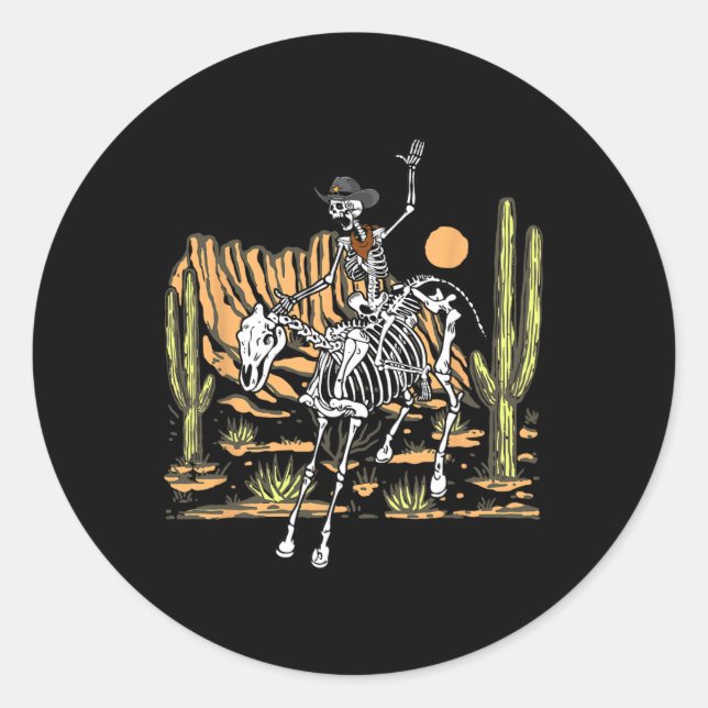 Pegatina Redonda Skeleton Cowboy Montando Caballo Halloween Rider C (Anverso)