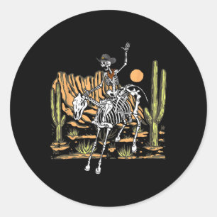 Pegatina Redonda Skeleton Cowboy Montando Caballo Halloween Rider C