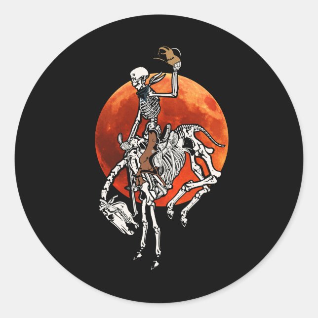 Pegatina Redonda Skeleton Cowboy Montando Caballo Halloween Rider C (Anverso)