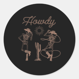 Pegatina Redonda Skeleton Cowboy Occidental Dancing Howdy Halloween
