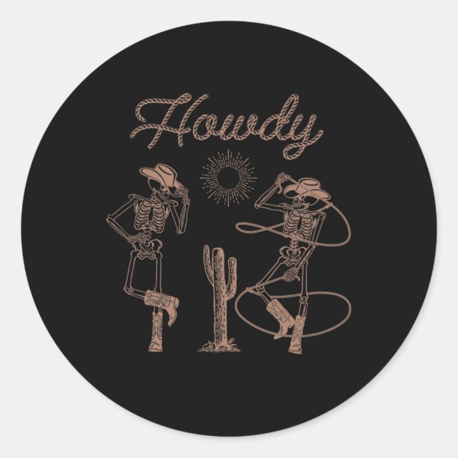 Pegatina Redonda Skeleton Cowboy Occidental Dancing Howdy Halloween (Anverso)