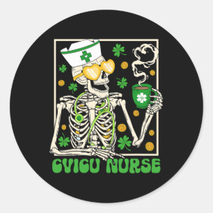 Pegatina Redonda Skeleton Cvicu Enfermera Café Shamrock St Patricks