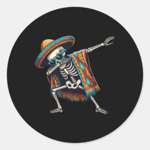 Pegatina Redonda Skeleton Dabbing Sombrero Poncho Cinco De Mayo Mex