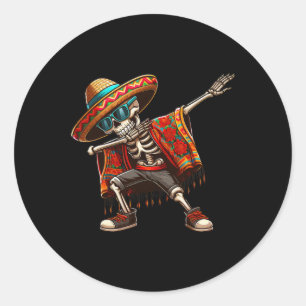 Pegatina Redonda Skeleton Dabbing Sombrero Poncho Cinco De Mayo Mex