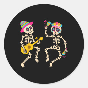 Pegatina Redonda Skeleton De Dia De Los Muertos Danzando El Día Del