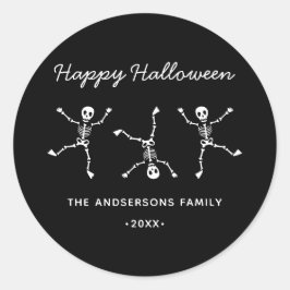 Pegatina Redonda Skeleton de mano negra y blanca feliz Halloween