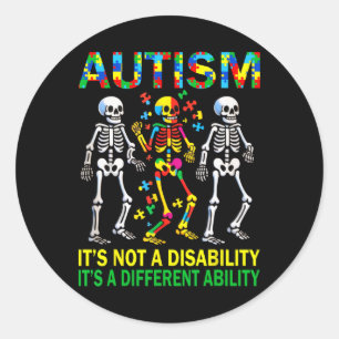 Pegatina Redonda Skeleton de sensibilización sobre autismo bailando