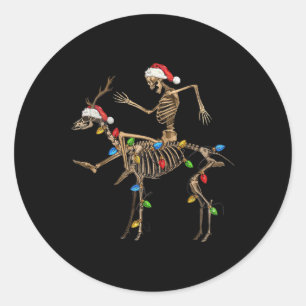 Pegatina Redonda Skeleton Deer Santa con Navidades alumbrados por N