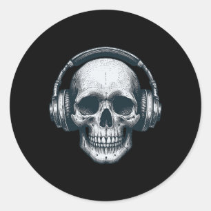 Pegatina Redonda Skeleton Dj Auriculares Hocico Músico De Calavera 