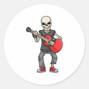 Pegatina Redonda Skeleton en la música con guitarra