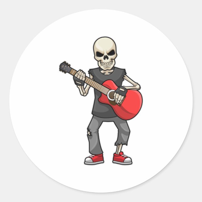 Pegatina Redonda Skeleton en la música con guitarra (Anverso)