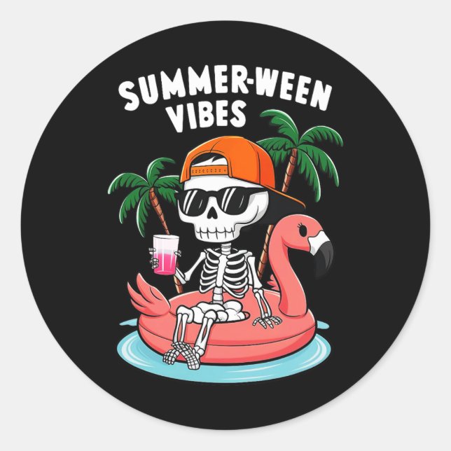 Pegatina Redonda Skeleton Flamingo Summerween Vibes Halloween (Anverso)