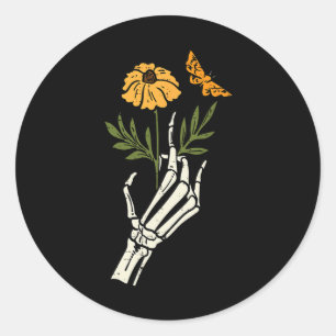 Pegatina Redonda Skeleton Floral Manos Clic Retro Halloween Mujeres