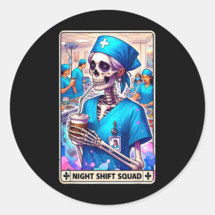 Pegatina Redonda Skeleton Funny Tarot Card Night Shift Squad Hallow