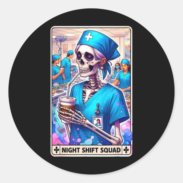 Pegatina Redonda Skeleton Funny Tarot Card Night Shift Squad Hallow (Anverso)