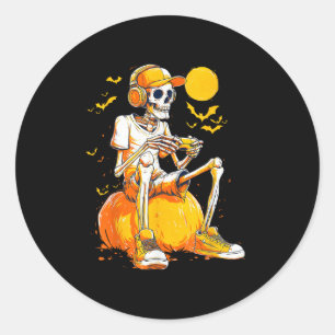 Pegatina Redonda Skeleton Gamer Divertido video juegos Halloween Bo