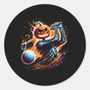 Pegatina Redonda Skeleton Golfing Halloween Pumpkin Golfer