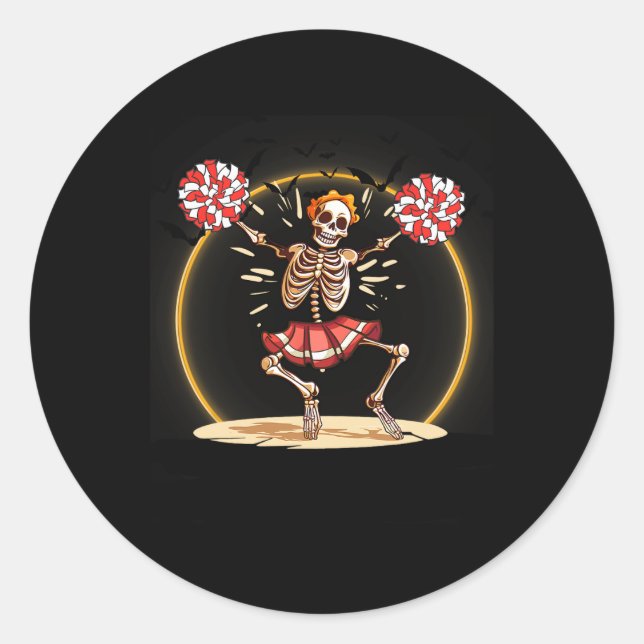 Pegatina Redonda Skeleton Halloween Cheeleton Cheerader (Anverso)