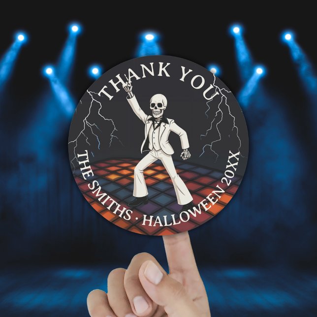 Pegatina Redonda Skeleton Halloween Disco Fiesta Gracias (Skeleton Halloween Disco Party Thank You Classic Round Sticker)