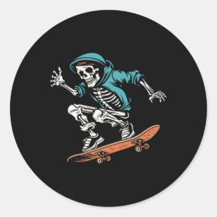 Pegatina Redonda Skeleton Halloween Skateboarder Hombres