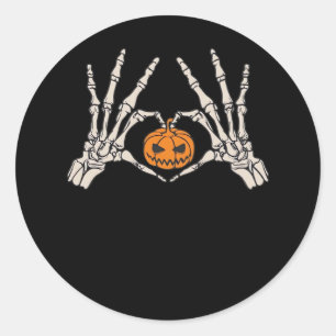 Pegatina Redonda Skeleton Hand Heart And Pumpkin Funny Skull Hallow