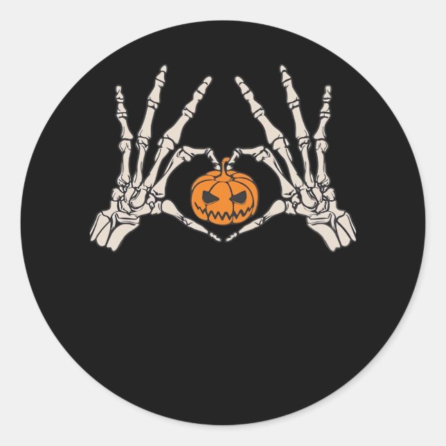 Pegatina Redonda Skeleton Hand Heart And Pumpkin Funny Skull Hallow (Anverso)