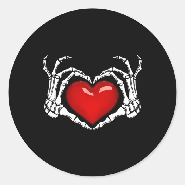 Pegatina Redonda Skeleton Hand Heart Rótulo Halloween Skeleton P (Anverso)