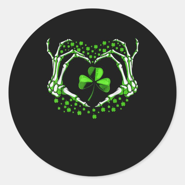 Pegatina Redonda Skeleton Hand Heart Shamrock St Patricks Day Paddy (Anverso)