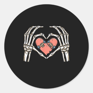 Pegatina Redonda Skeleton Hand Heart Skateboard Día de San Valentín