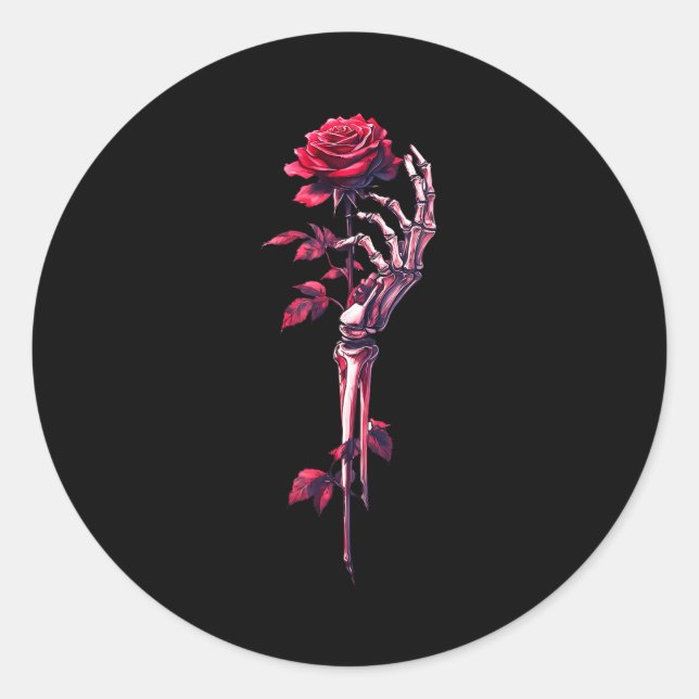 Pegatina Redonda Skeleton Hand Holding Rose Red Rose Flower  (Anverso)