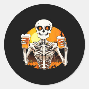 Pegatina Redonda Skeleton Hands Beer Funny Bebiendo mujeres de Hall