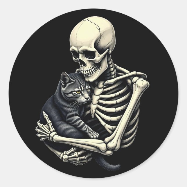 Pegatina Redonda Skeleton Hugging Cat Funny Halloween Cat Lover (Anverso)