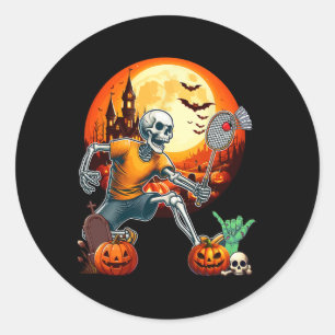 Pegatina Redonda Skeleton Jugando a Badminton Halloween