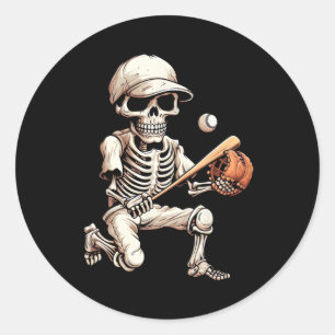 Pegatina Redonda Skeleton Jugando al Béisbol Halloween Skull Lover