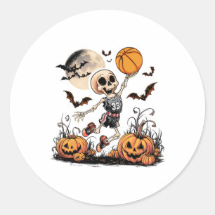 Pegatina Redonda Skeleton Jugando Baloncesto Halloween Hombres Boys