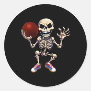 Pegatina Redonda Skeleton Jugando Bowling Funny Halloween Skull Kid