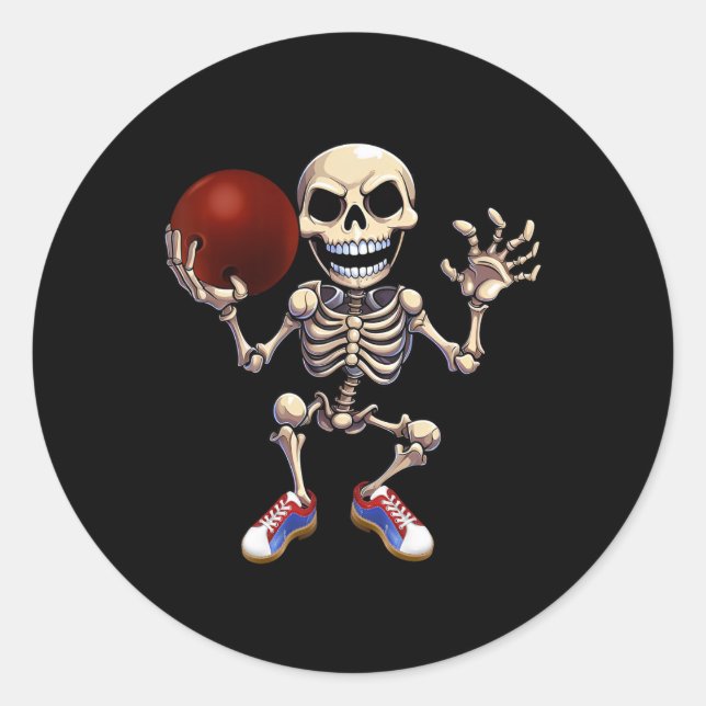 Pegatina Redonda Skeleton Jugando Bowling Funny Halloween Skull Kid (Anverso)