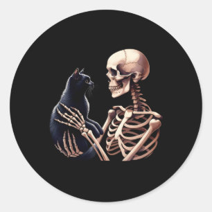 Pegatina Redonda Skeleton Jugando Con El Amor Del Gato De Un Gato G