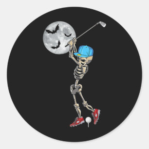 Pegatina Redonda Skeleton Jugando Golf Golf Feliz Día de Halloween