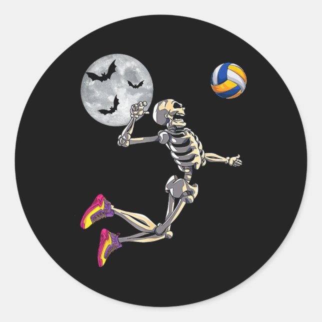 Pegatina Redonda Skeleton jugando voleibol feliz Día de Halloween B (Anverso)