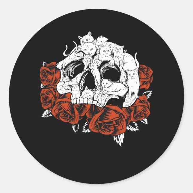 Pegatina Redonda Skeleton Kitten, Rosas del cráneo del gato (Anverso)
