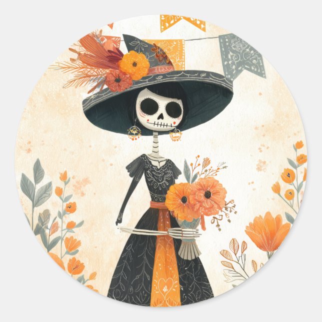 Pegatina Redonda Skeleton Lady La Catrina Día de los Muertos (Anverso)