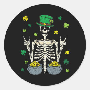 Pegatina Redonda Skeleton Leprechaun St Patricks Day Shamrock Clove