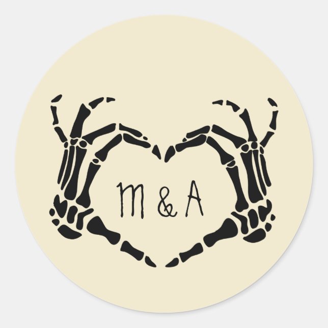 Pegatina Redonda Skeleton Manos Forma Corazón Boda Personalizada (Anverso)