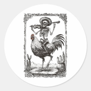 Pegatina Redonda Skeleton Mariachi Byster Rooster México Fiesta Cin