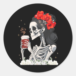Pegatina Redonda Skeleton Messy Bun Coffee Gracioso Costume Mamá Mu