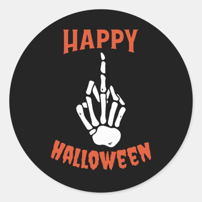 Pegatina Redonda Skeleton Middle Finger Happy Halloween (Anverso)